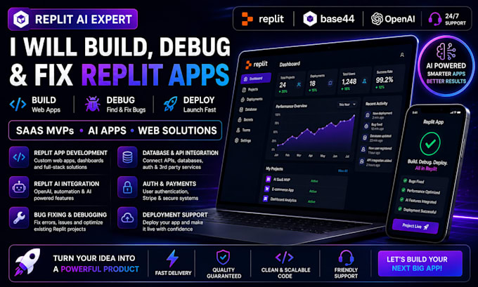 build replit ai apps, debug replit projects, fix bugs and develop saas mvps