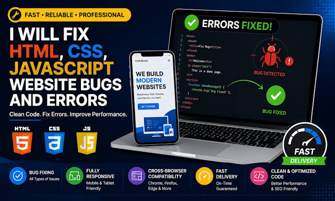 fix HTML CSS  javascript website bugs and error