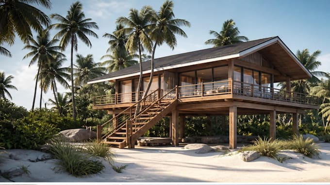 create stunning 3d beach house exterior rendering and visualization