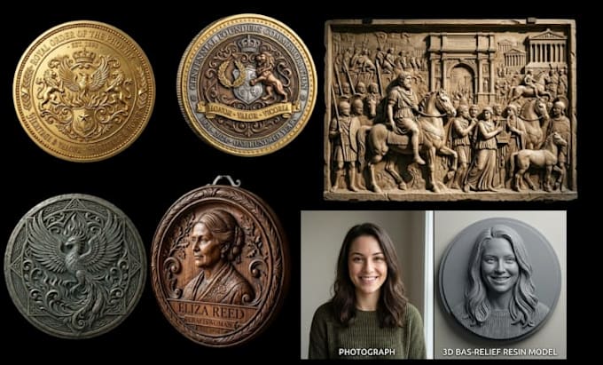 create 3d bas relief, medallion, coin, cnc carving for 3d printing
