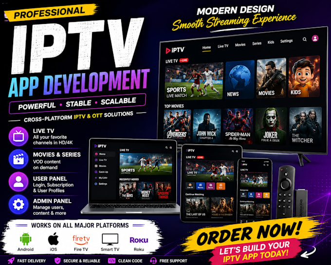 develop iptv app for android, ios, fire TV, smart TV and roku