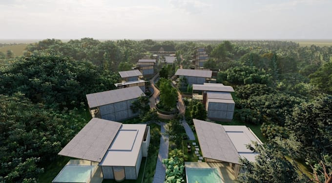 cgi rainforest lodge,site visualization,rooftop decks,cottage render,plunge pool