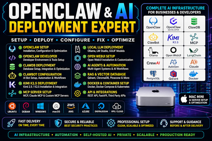 setup, deploy, fix openclaw, clawdb clawbot, kimi 2 5 mac mini ai infrastructure