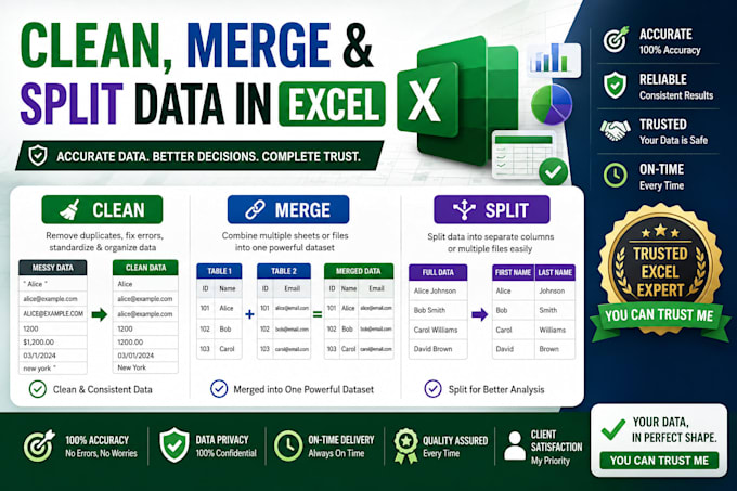 deliver top quality clean, format, marge, split excel data