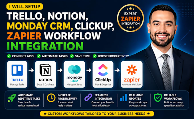 setup trello notion monday crm clickup zapier workflow integration