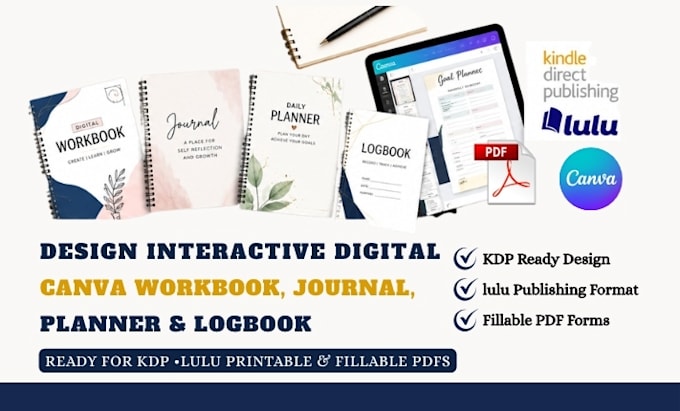 design interactive digital canva workbook, journal planner logbook for kdp lulu