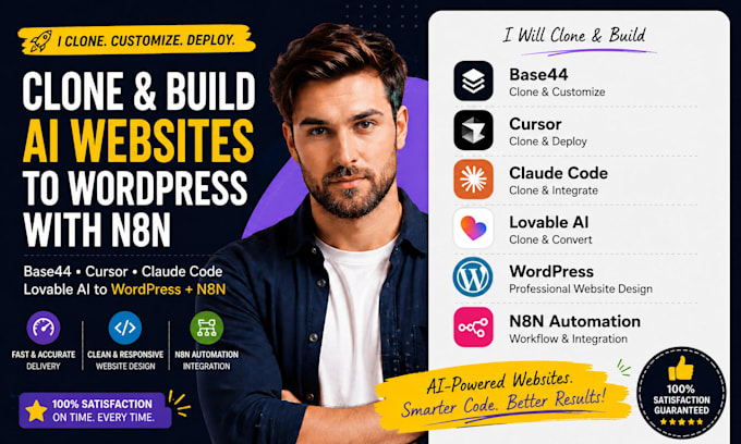 clone base44 cursor claude code lovable ai to wordpress n8n make website design