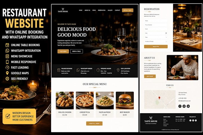 a restaurant website with online booking and whatsapp