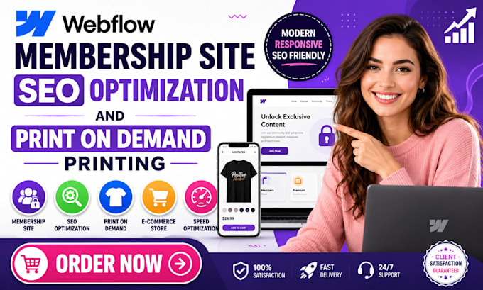 design webflow membership site seo optimization and print on demand printing