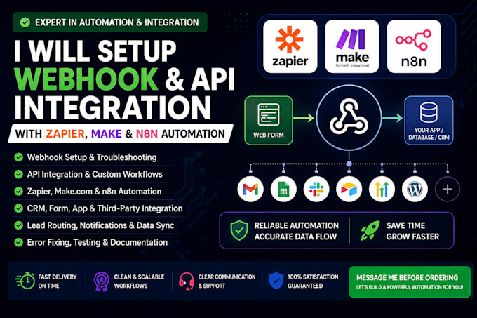 setup webhook API integration, zapier, make com, n8n automation