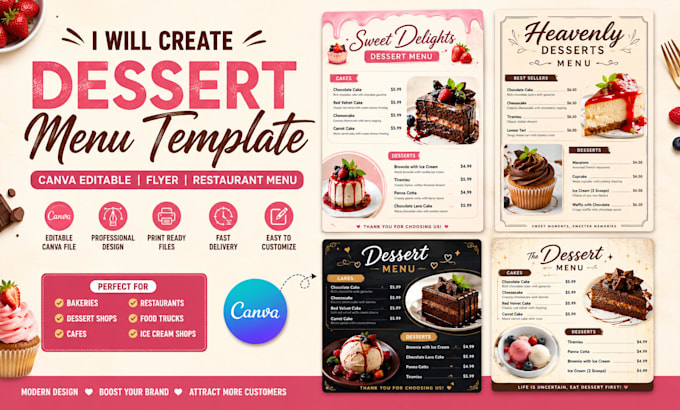 create dessert menu templates, canva editable, flyer, restaurant menu