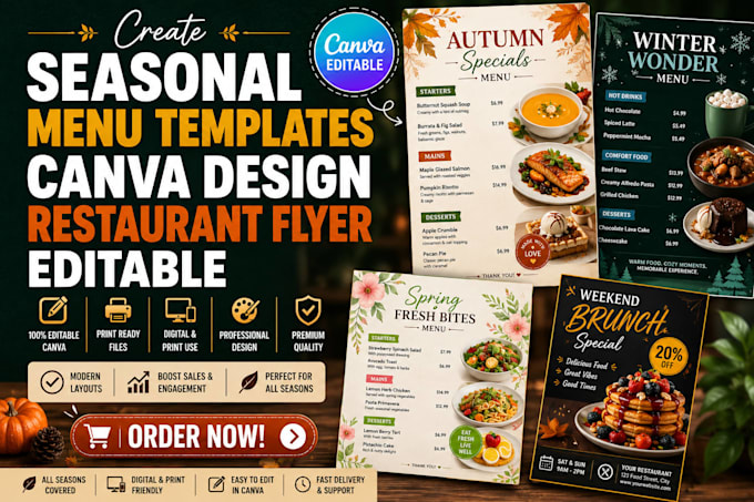 create seasonal menu templates, canva design, restaurant flyer, editable
