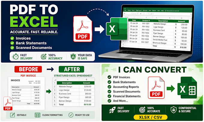 convert PDF invoices and bank statements into excel