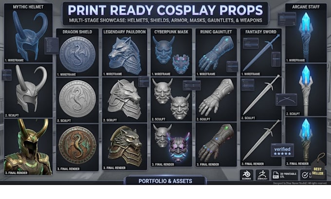 create 3d cosplay armor, 3d helmet model, shield and printable cosplay props