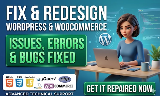 fix wordpress issues redesign woocommerce repair wordpress seo elementor bug fix