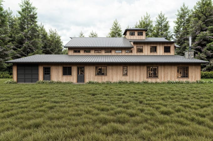 design functional 2d floor plan, traditional barn house render, exterior visuals