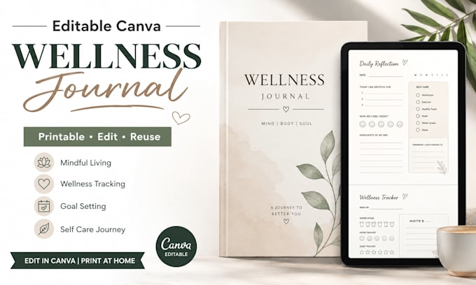 design professional wellness journal selfcare planner workbook editable in canva