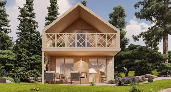 renew 3d cabin house exterior,chalet interior cgi render, rustic interior design