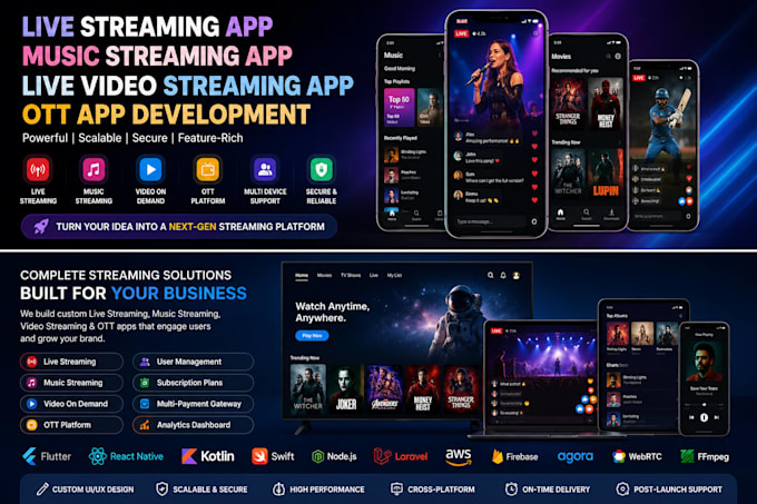 develop livestreaming app, music streaming app, live video streaming app, ott ap