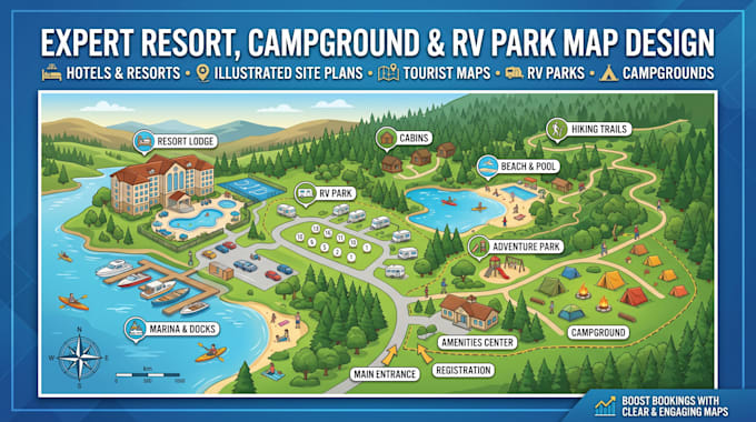 design resort map hotel map campground map illustrated site plan tourist map rv