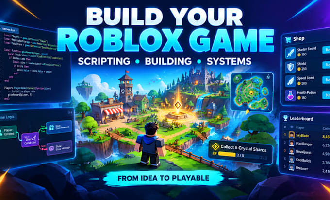create a roblox game with scripting, building and systems