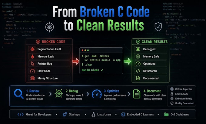do c code review, fix memory leaks, and optimize performance
