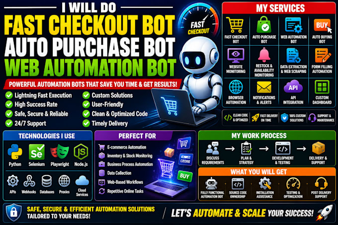 do fast checkout bot, auto purchase bot, web automation bot and auto buying bot