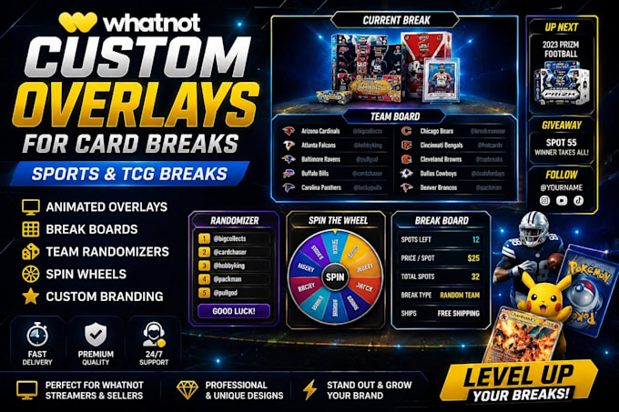 do obs setup for whatnot, animated overlays design, break boards card breakers