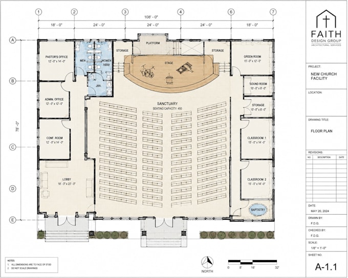 design church floor plan,  exterior design and realistic 3d rendering