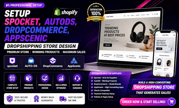 setup spocket autods dropcommerce appscenic shopify dropshipping store design