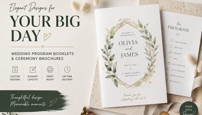 design an elegant wedding program booklet and ceremony brochure