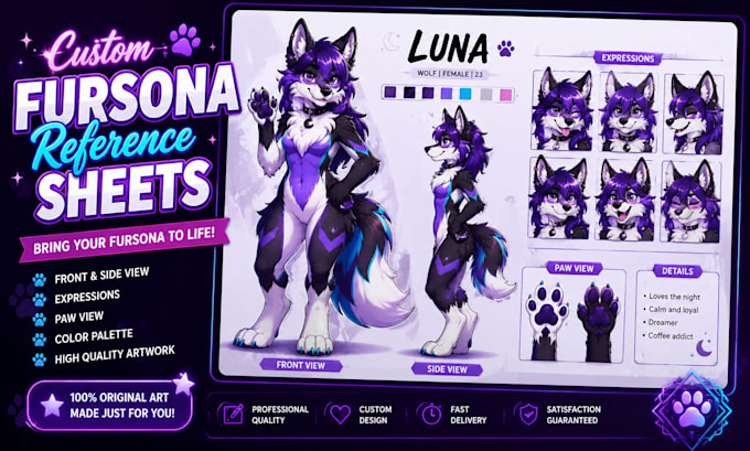 draw custom furry reference sheet and fursona ref