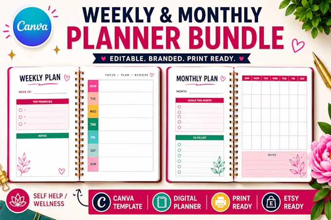 create a printable digital planner, weekly and monthly bundle planner in canva