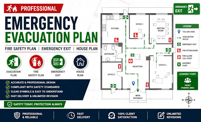 create emergency evacuation plan, fire safety plan, emergency exit, house plan