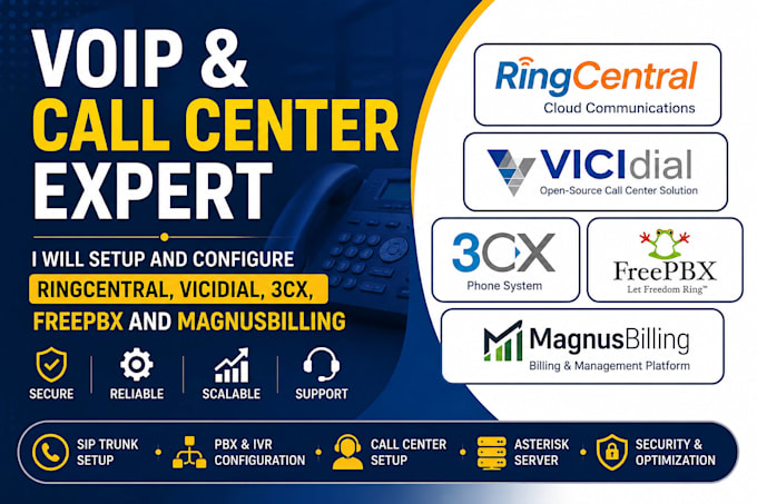 setup ringcentral, vicidial, 3cx, freepbx and magnusbilling