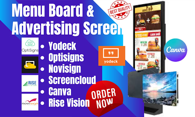setup menu board advertising screens yodeck optisigns novisign screencloud canva