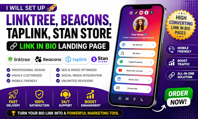 setup linktree, beacons, taplink, stan store link in bio page landing page carrd