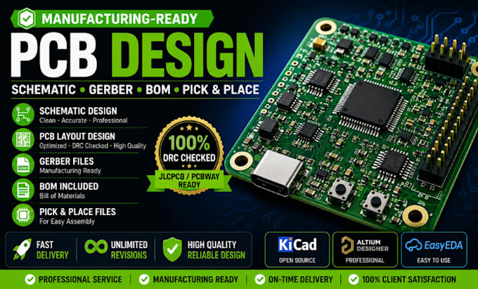 create manufacturing ready pcb with schematic, gerber, bom, and pick and place