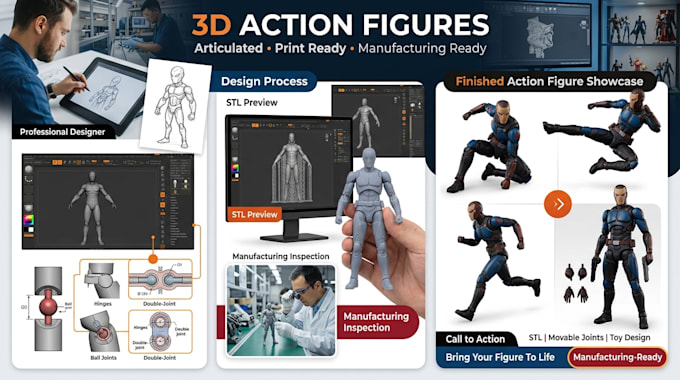 create 3d action figure, 3d toy design, articulated toy, jointed toy, stl model