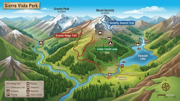 design hiking map, trail map, park map, treasure map and outdoor adventure maps