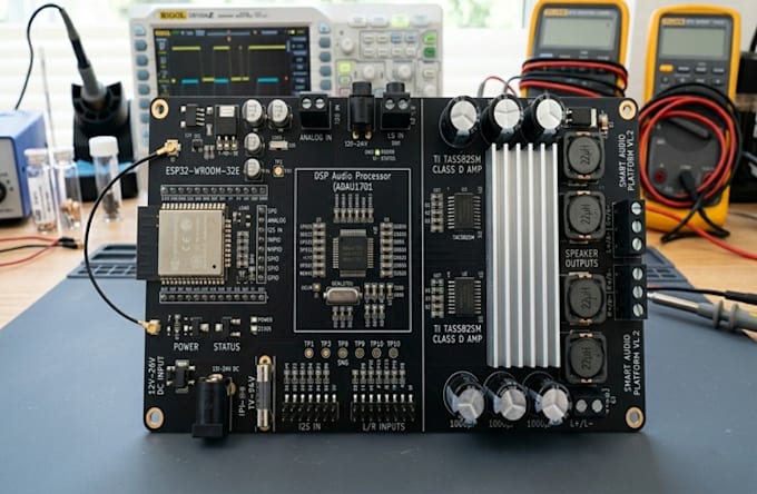 design class d audio amplifier pcb with esp32, bluetooth and dsp audio system