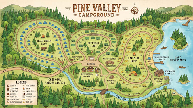 design custom resort map, rv park map, campground, vacation resort illustration