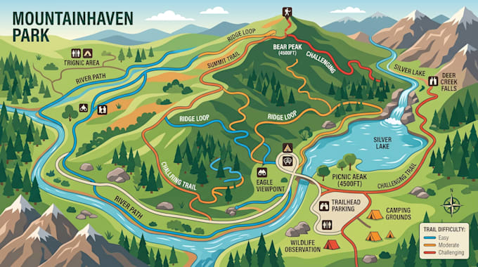 design custom trail map, hiking map, route map nature map, park map illustration