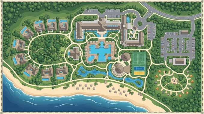 design luxury resort map, hotel property map, campsite map, rv park map