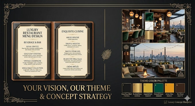 design a luxury restaurant menu and brand theme strategy