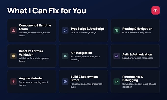debug and fix angular bugs, errors and typescript issues