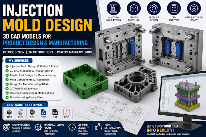 injection mold design, 3d cad models for product design and manufacturing