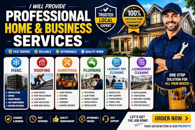 hvac, roofing, handyman, plumbing, laundry, dry cleaning, laundromat, cleaning