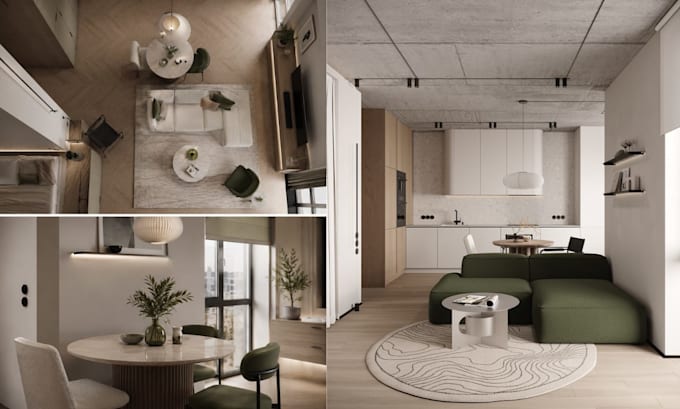 do living room bedroom bathroom interior design 3d model and realistic rendering