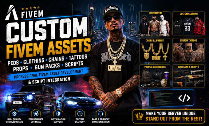 make kuttes for fivem ped, fivem chain, clothing, tatoos, props, gun pack script